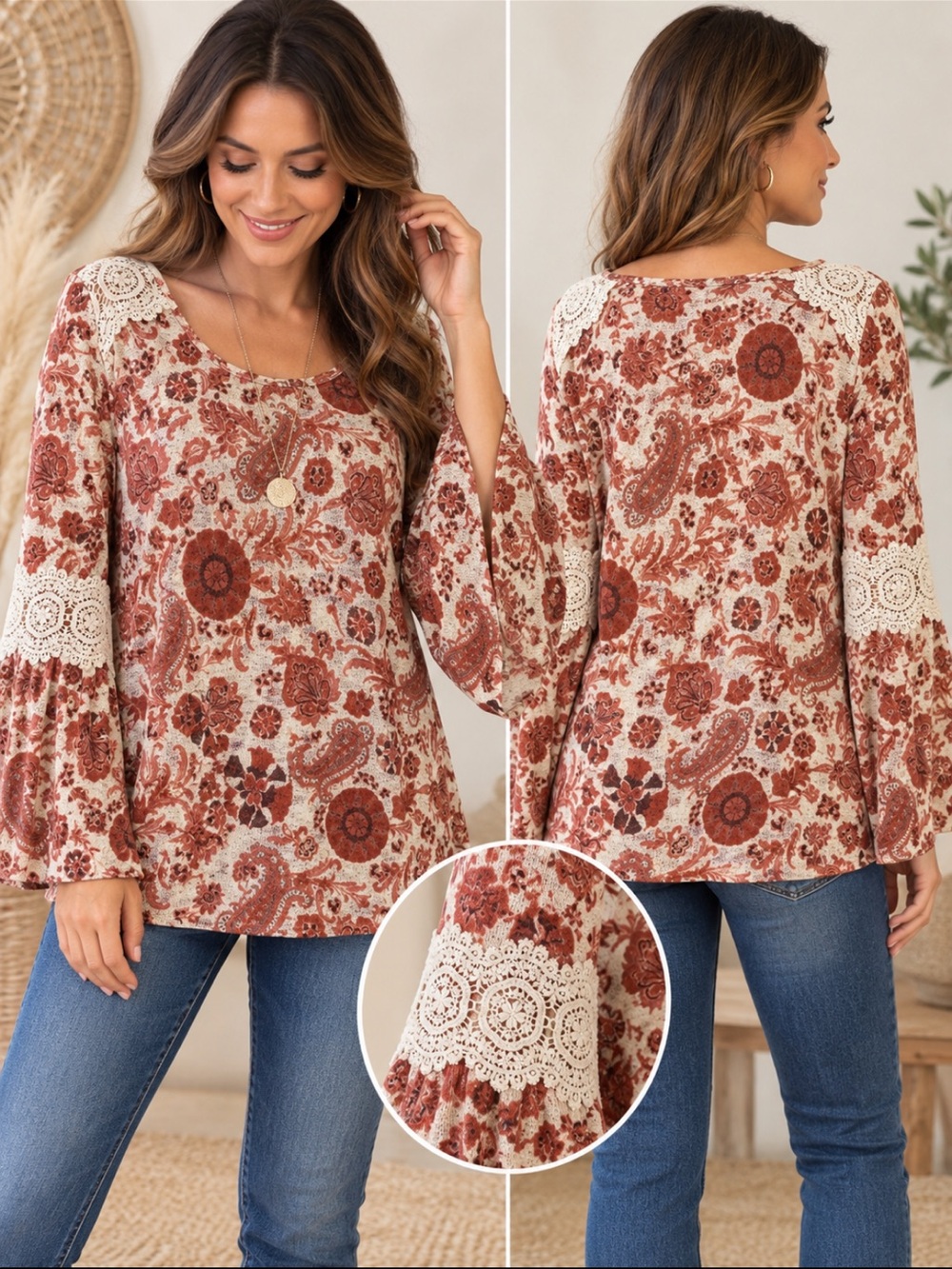 Style & Co Large Boho Paisley Floral Crochet Lace Bell Sleeve Top